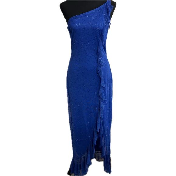 Y2K JESSICA McCLINTOCK Gunne Sax Maxi one shoulder blue ruffle front dress Small - Picture 2 of 7